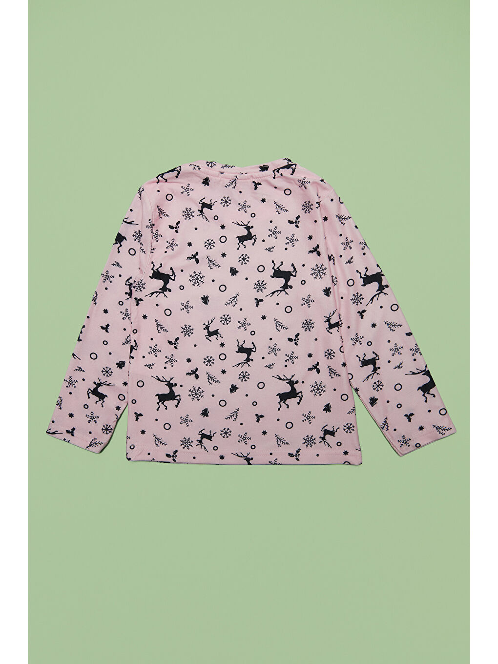 Pembe Kar Tanesi Ve Geyik Desenli Unisex Çocuk Pijama Takımı-4