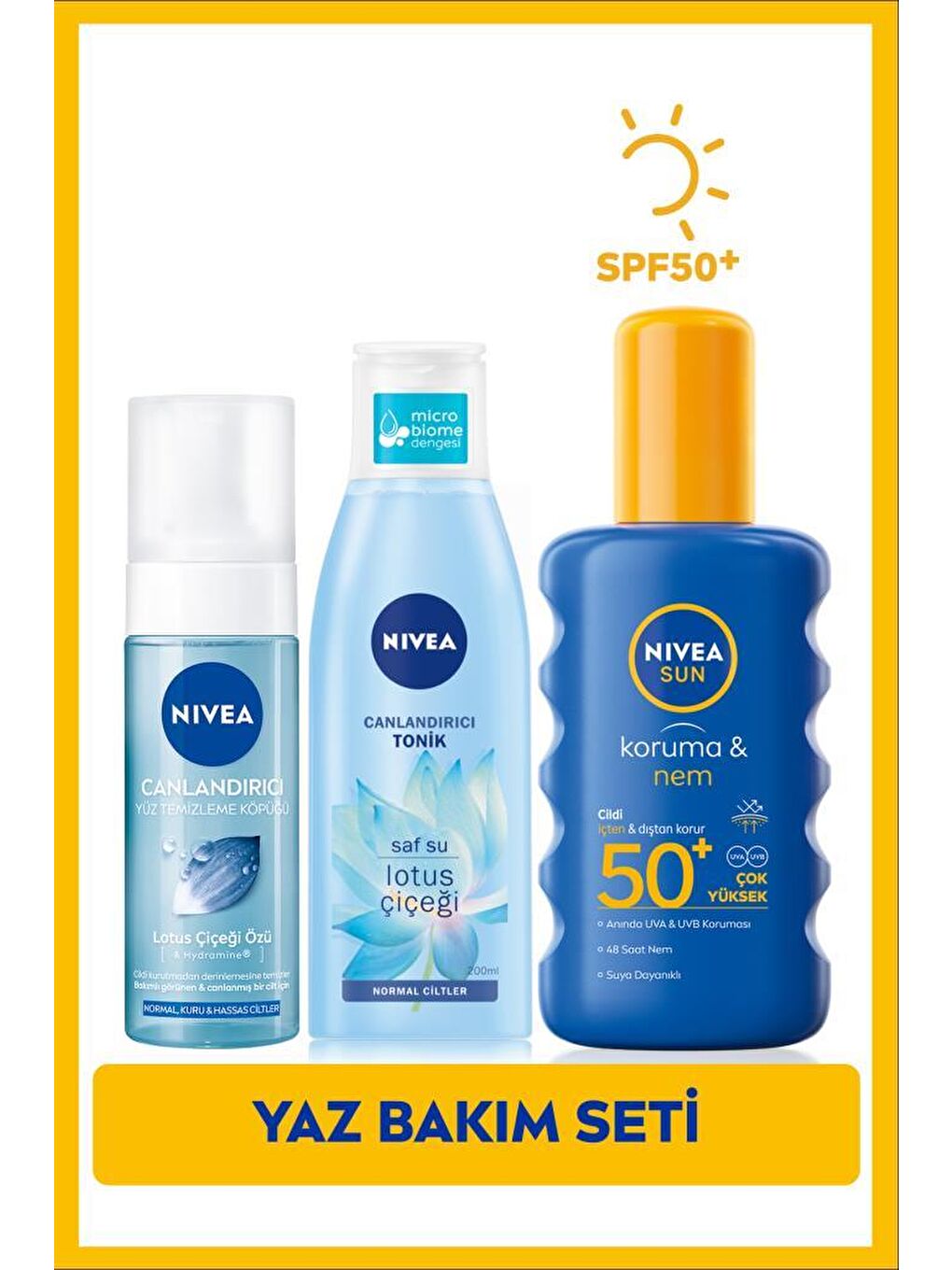 SUN SPF50 Güneş Koruyucu Vücut Spreyi 200ml, Yüz Temizleme Köpüğü 150ml, Canlandırıcı Tonik 200ml