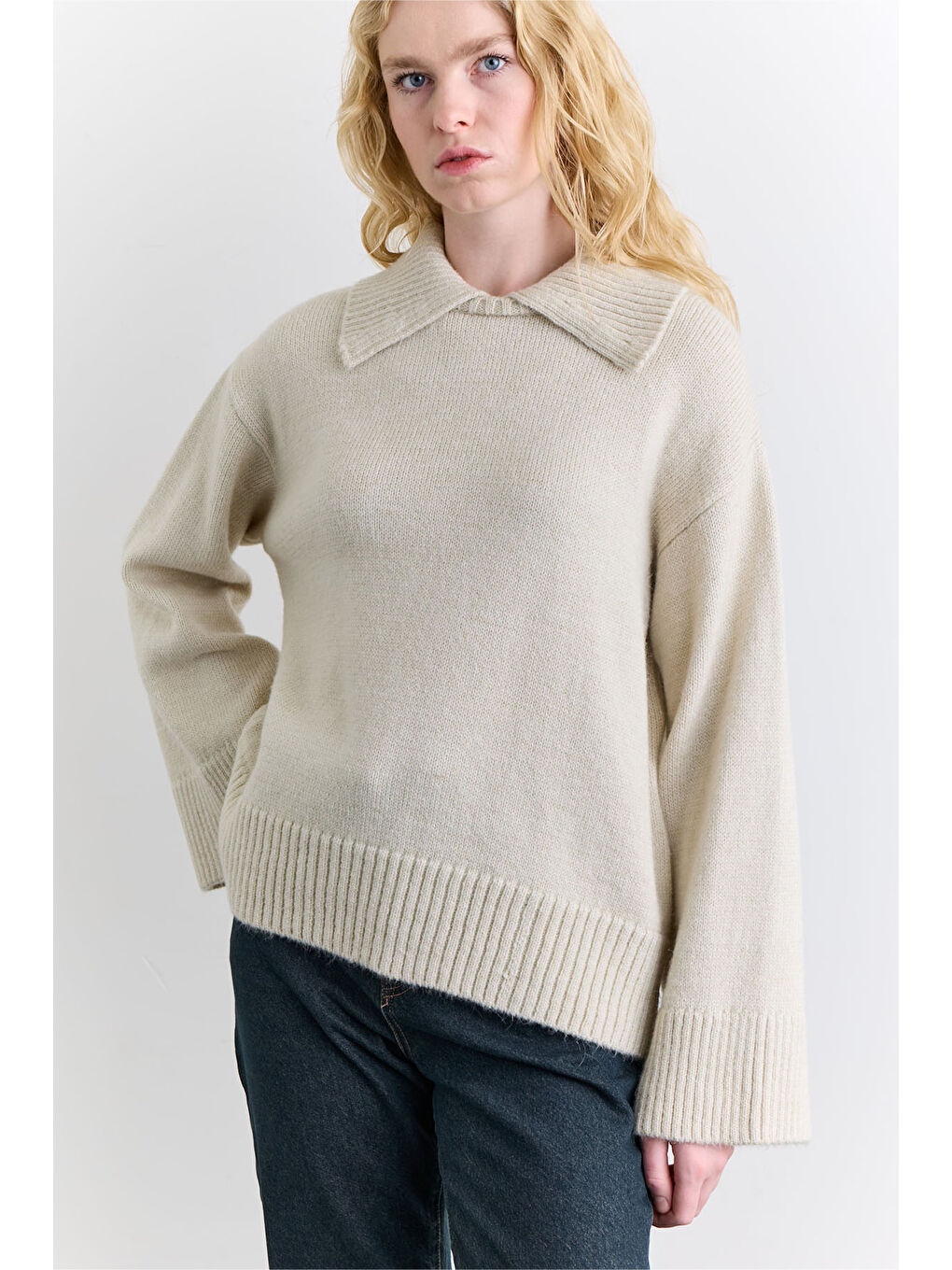 Bej Geniş Yaka Oversıze Kazak Taş