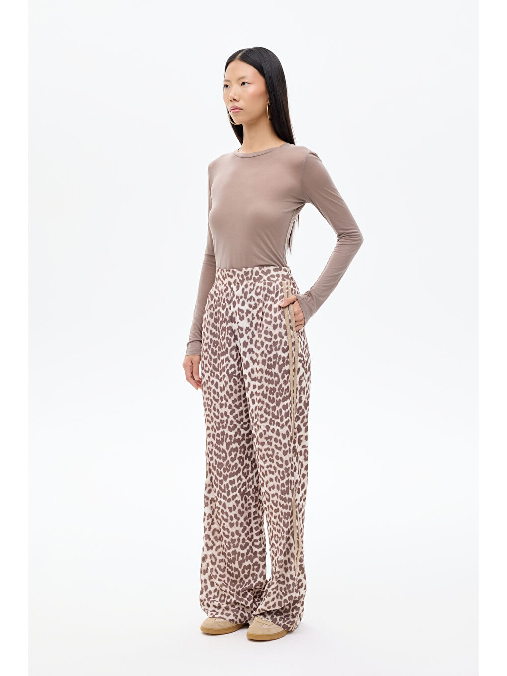 Leopar Desenli Şeritli Bol Paça Pantolon Kahverengi-3