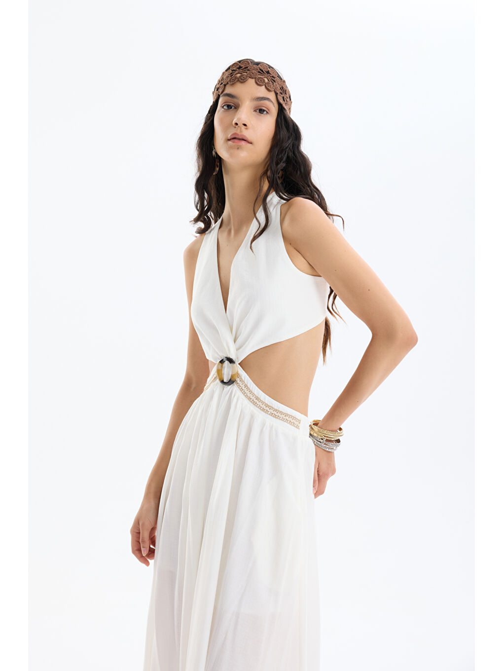 Toka Aksesuarlı Cut Out Midi Boy Elbise Ekru-2