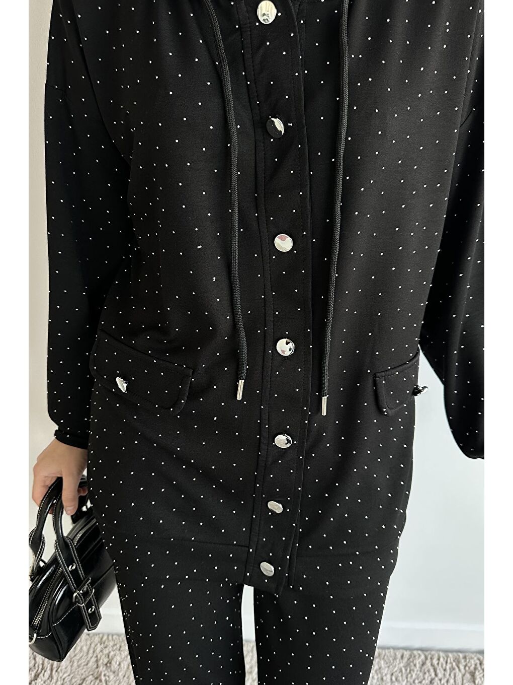 Siyah Kapüşonlu Taşlı Hırka Pantolon Tesettür İkili Takım-11