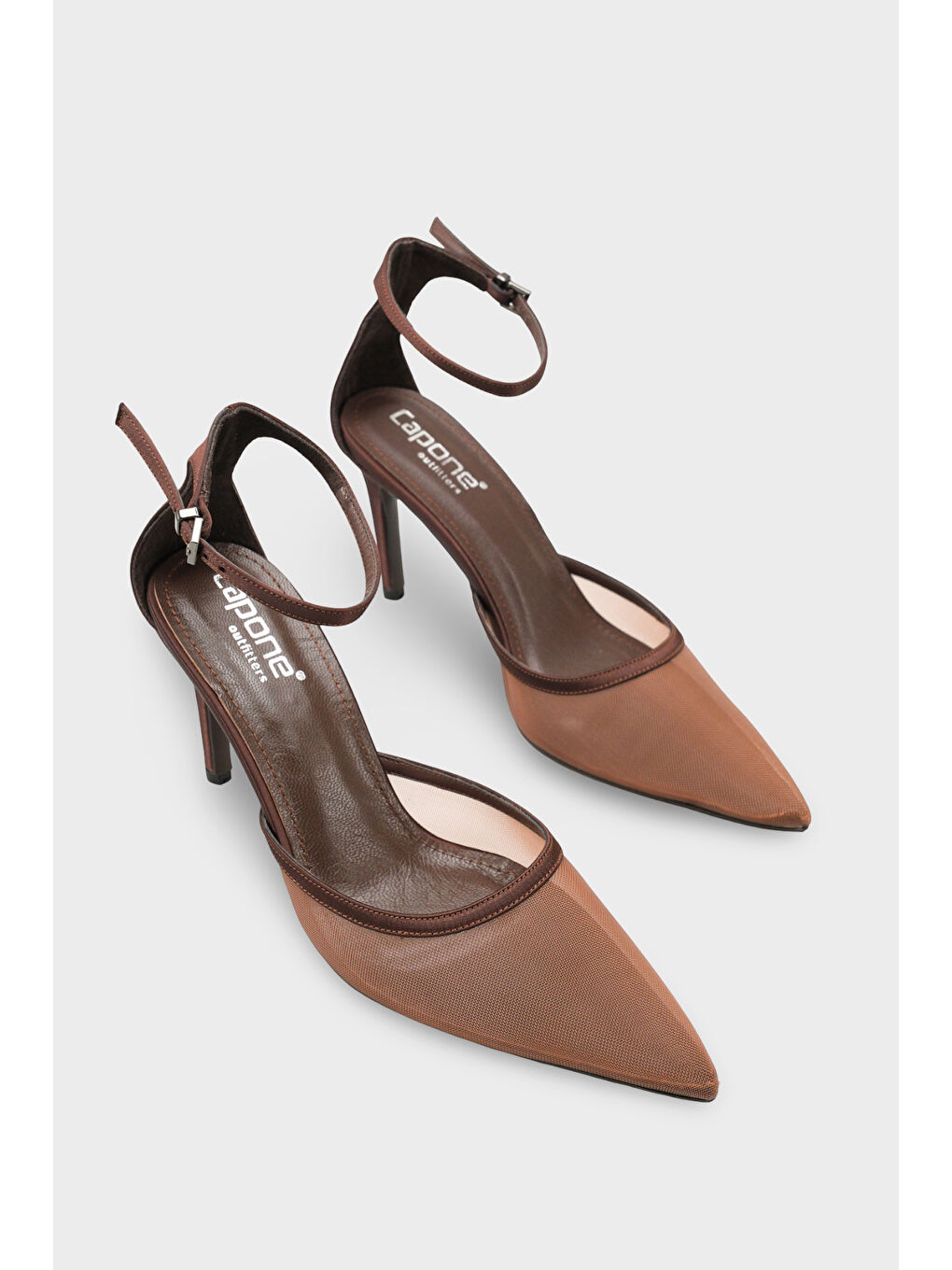 Kahverengi Letitia Hakiki Deri Astarlı Sivri Burunlu Orta Topuklu File Saten Kadın Ayakkabı-1