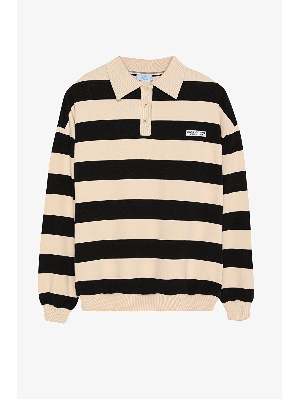 Polo Yaka Çizgili Oversize Sweatshirt Bej