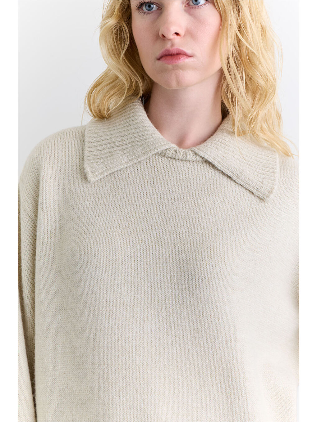 Bej Geniş Yaka Oversıze Kazak Taş-2