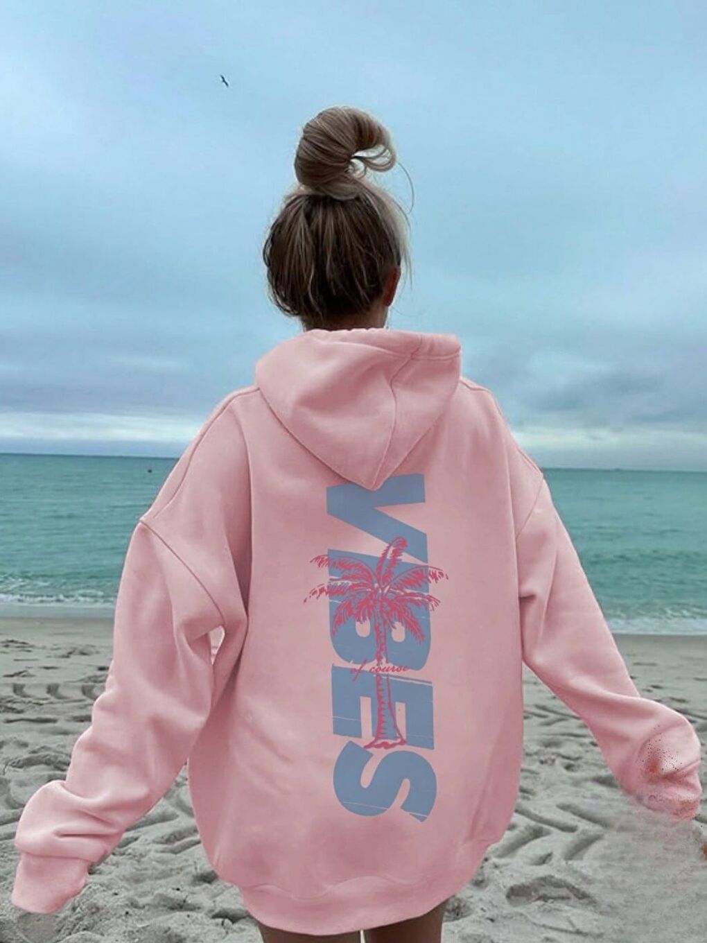 Kadın Pembe Palm Vibes Baskılı Oversize Kapüşonlu Sweatshirt Hoodie