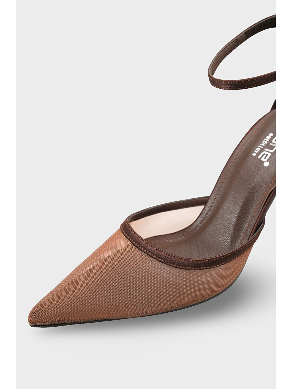 Kahverengi Letitia Hakiki Deri Astarlı Sivri Burunlu Orta Topuklu File Saten Kadın Ayakkabı-2