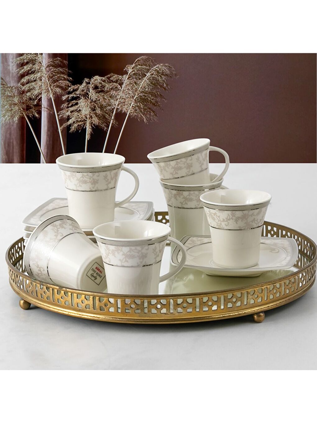 Ekru Caroline 12 Parça 6 Kişilik Bone Türk Kahvesi Takımı - 5676
