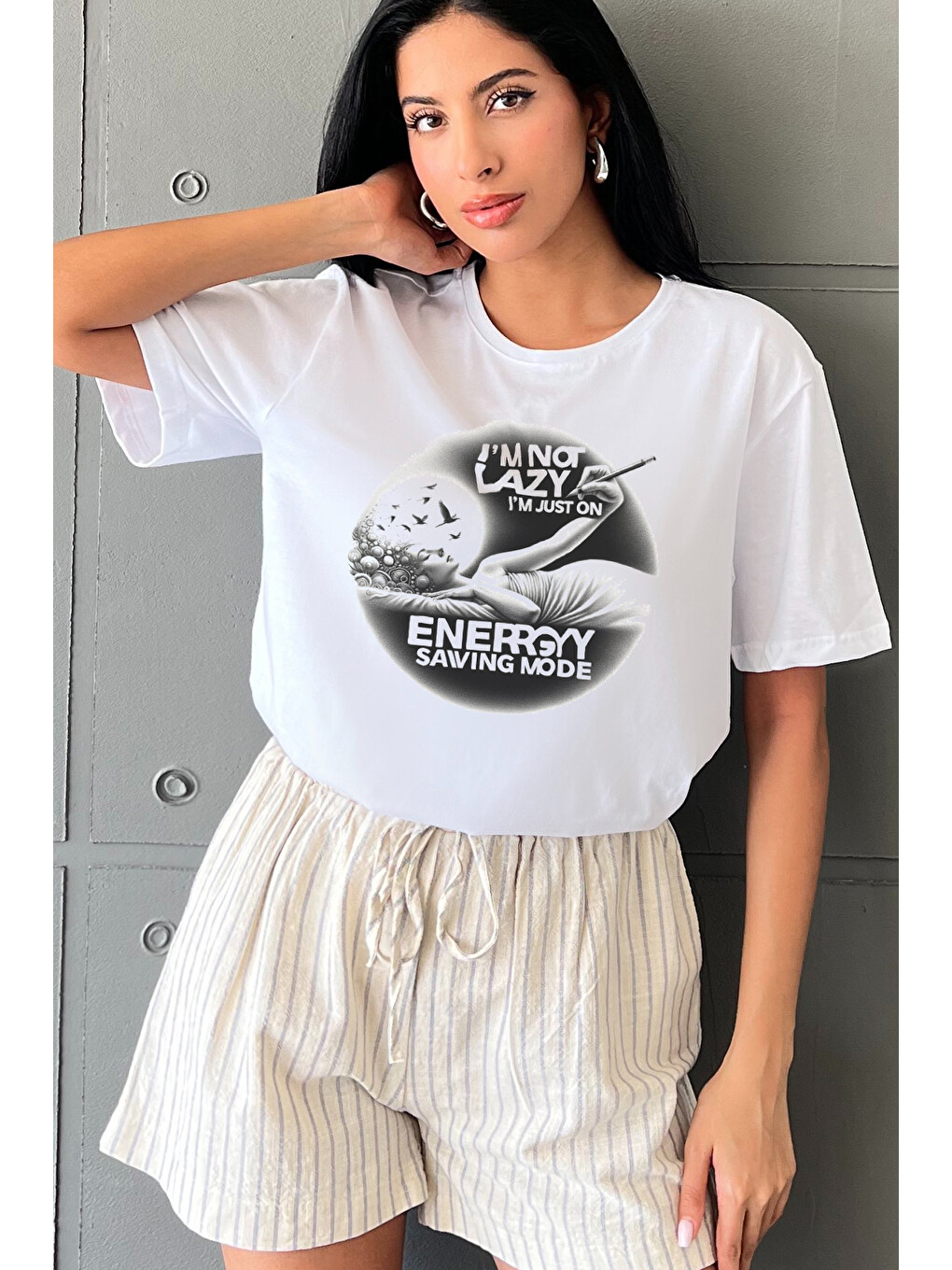 Beyaz Not Lazy Baskılı Yapay Zeka Tasarımı Penye Oversize %100 Pamuk Kadın Tişört @BlahxAi