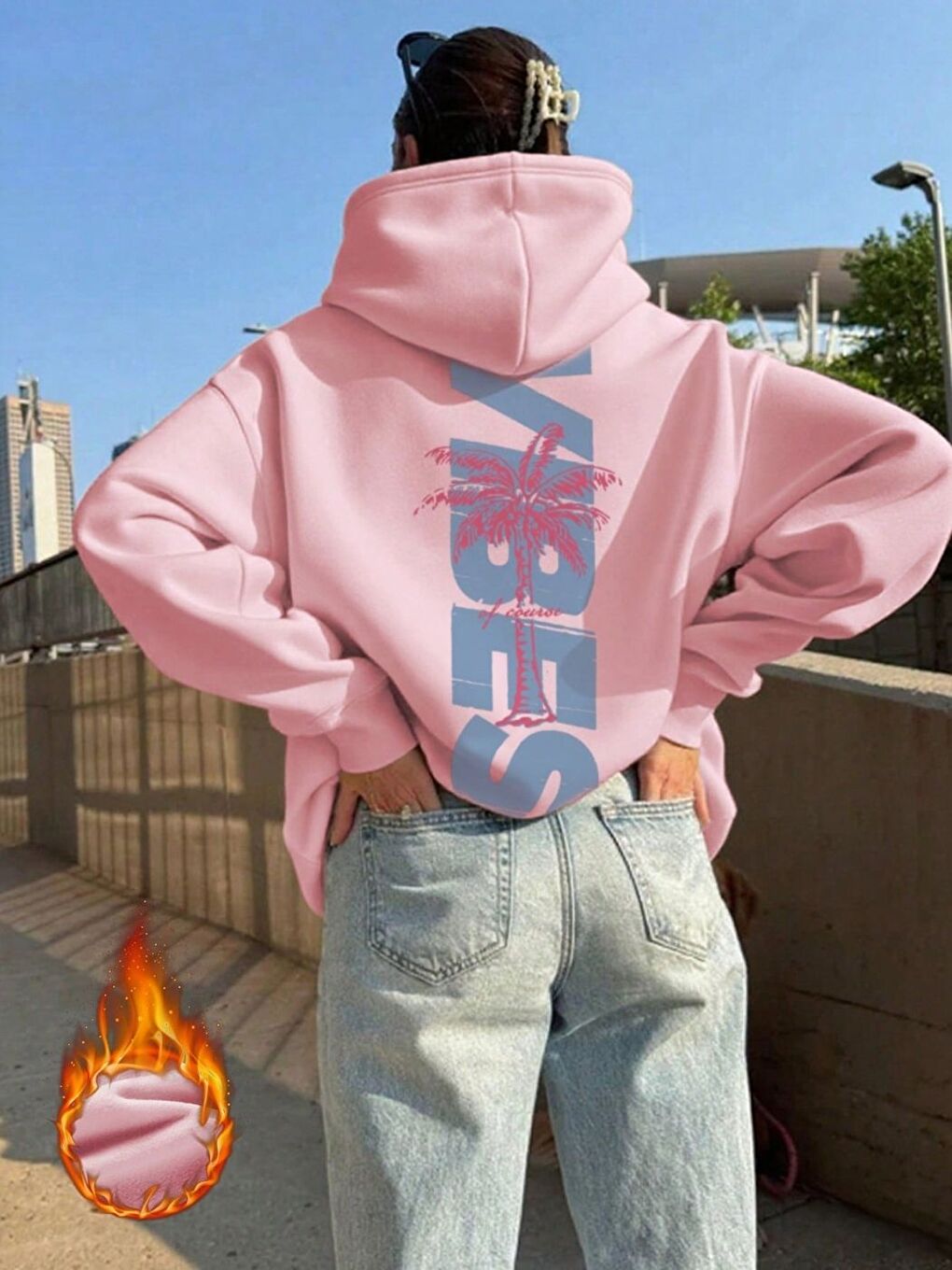 Kadın Pembe Palm Vibes Baskılı Oversize Kapüşonlu Sweatshirt Hoodie-1