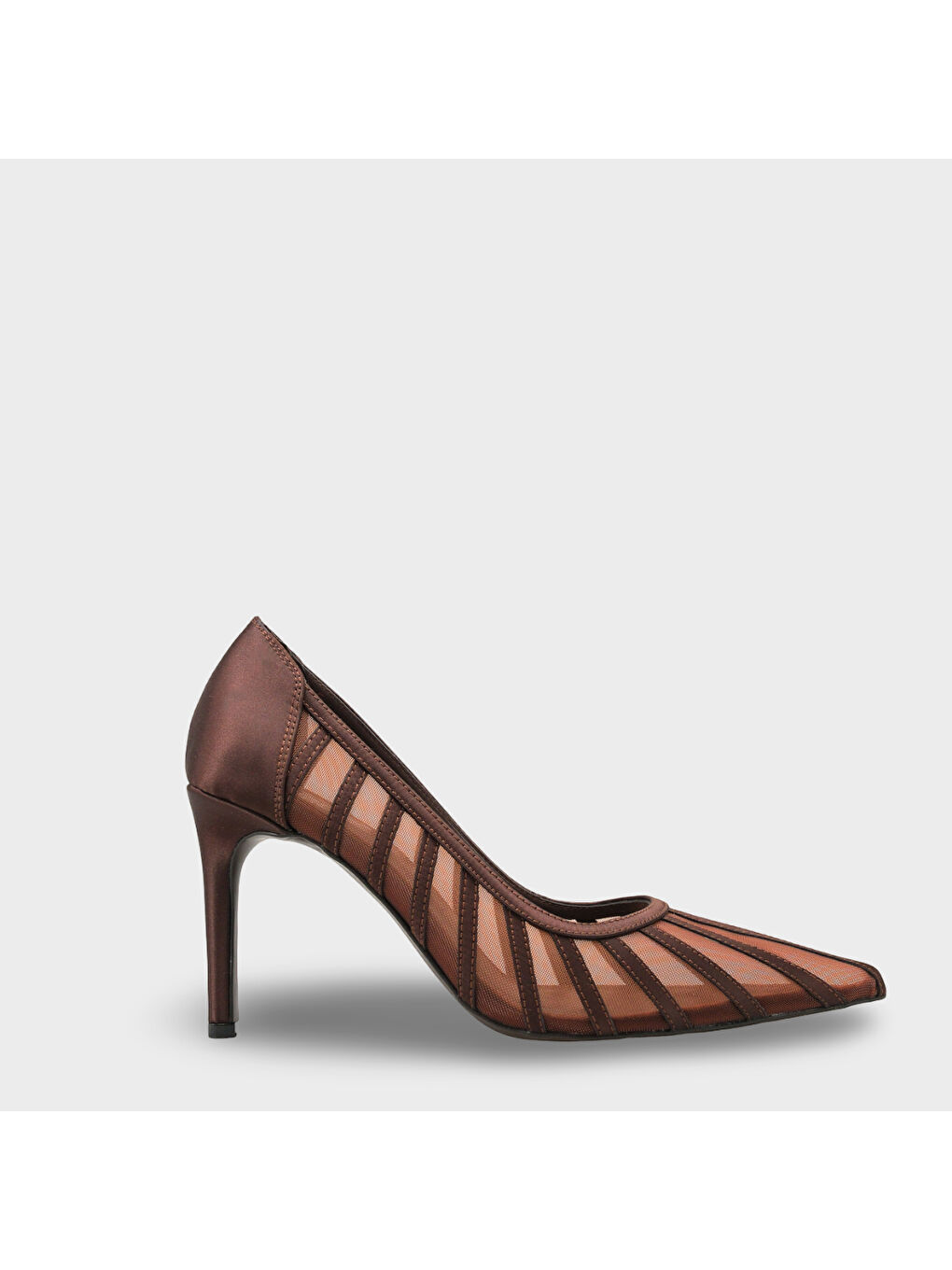 Kahverengi Micheline Hakiki Deri Astarlı Sivri Burunlu Orta Topuklu File Saten Kadın Ayakkabı