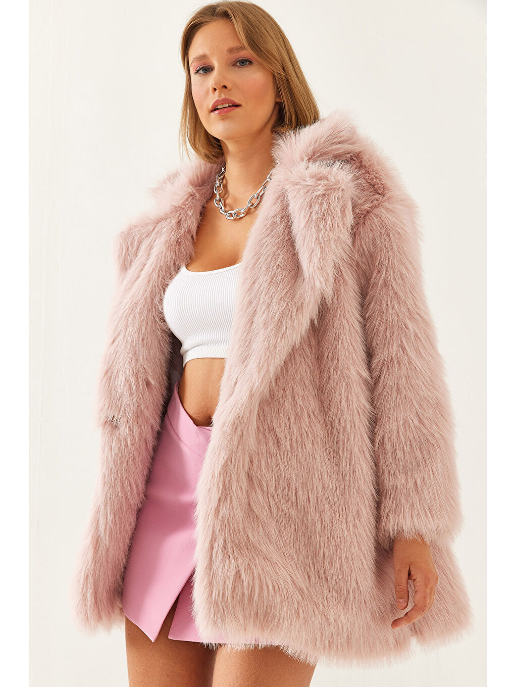 Pembe Kadın Premium Suni Uzun Kürk Ceket