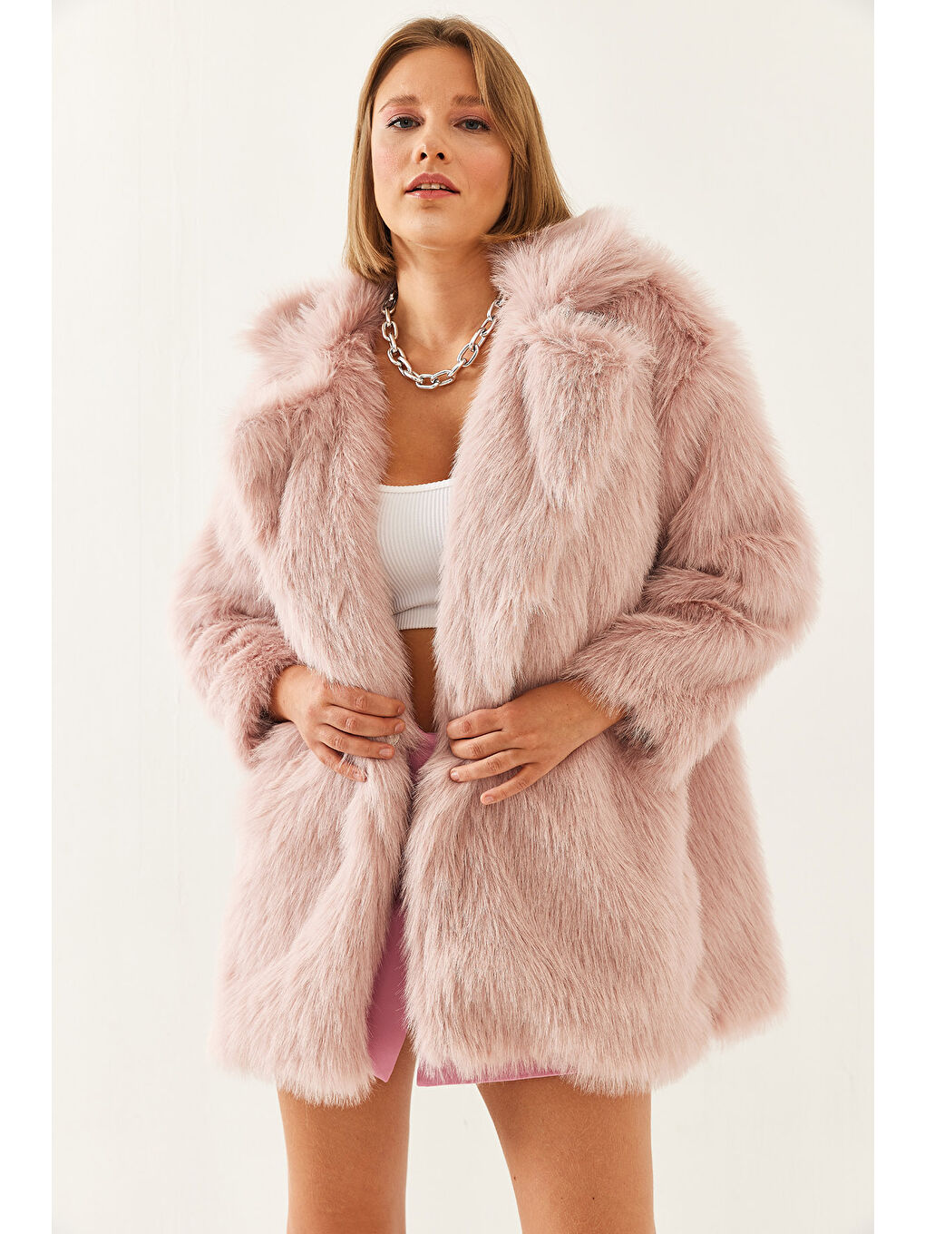 Pembe Kadın Premium Suni Uzun Kürk Ceket-1