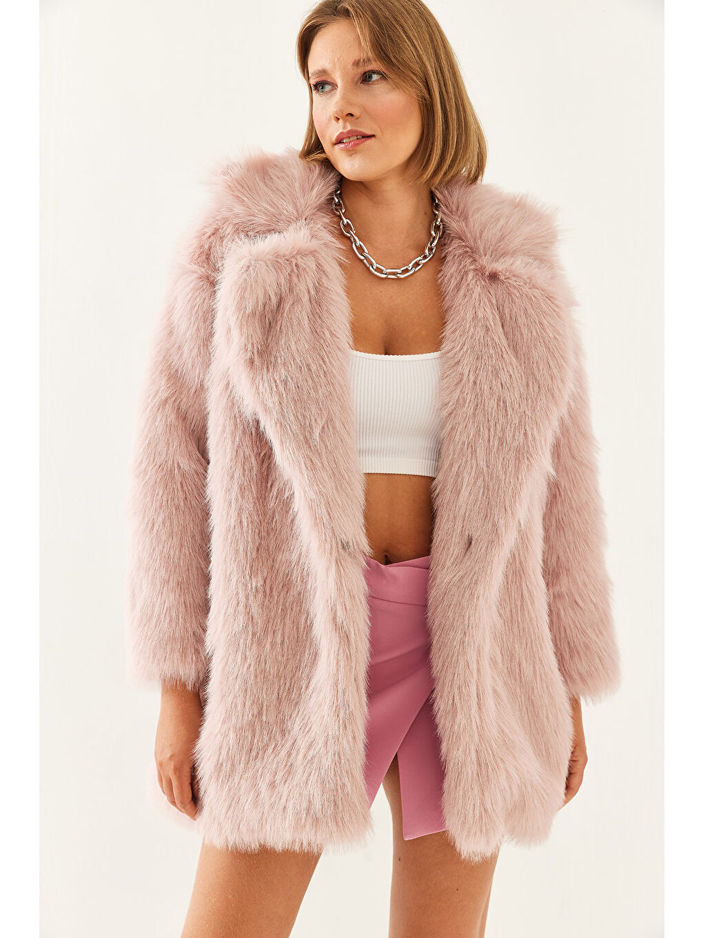 Pembe Kadın Premium Suni Uzun Kürk Ceket-2