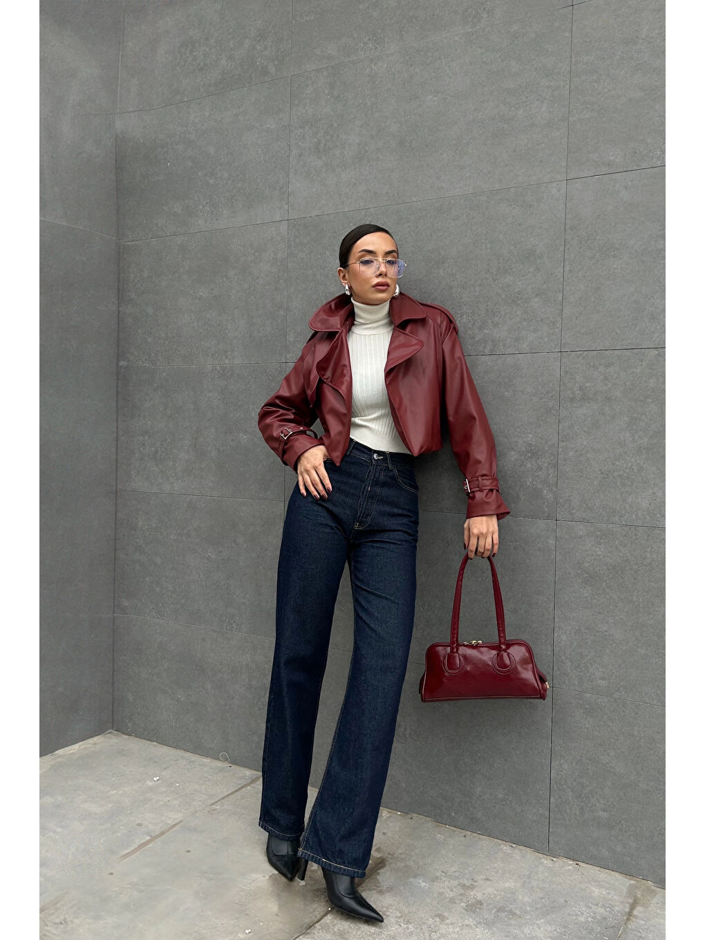 Kadın Bordo Crop Deri Ceket 0990-5055-8