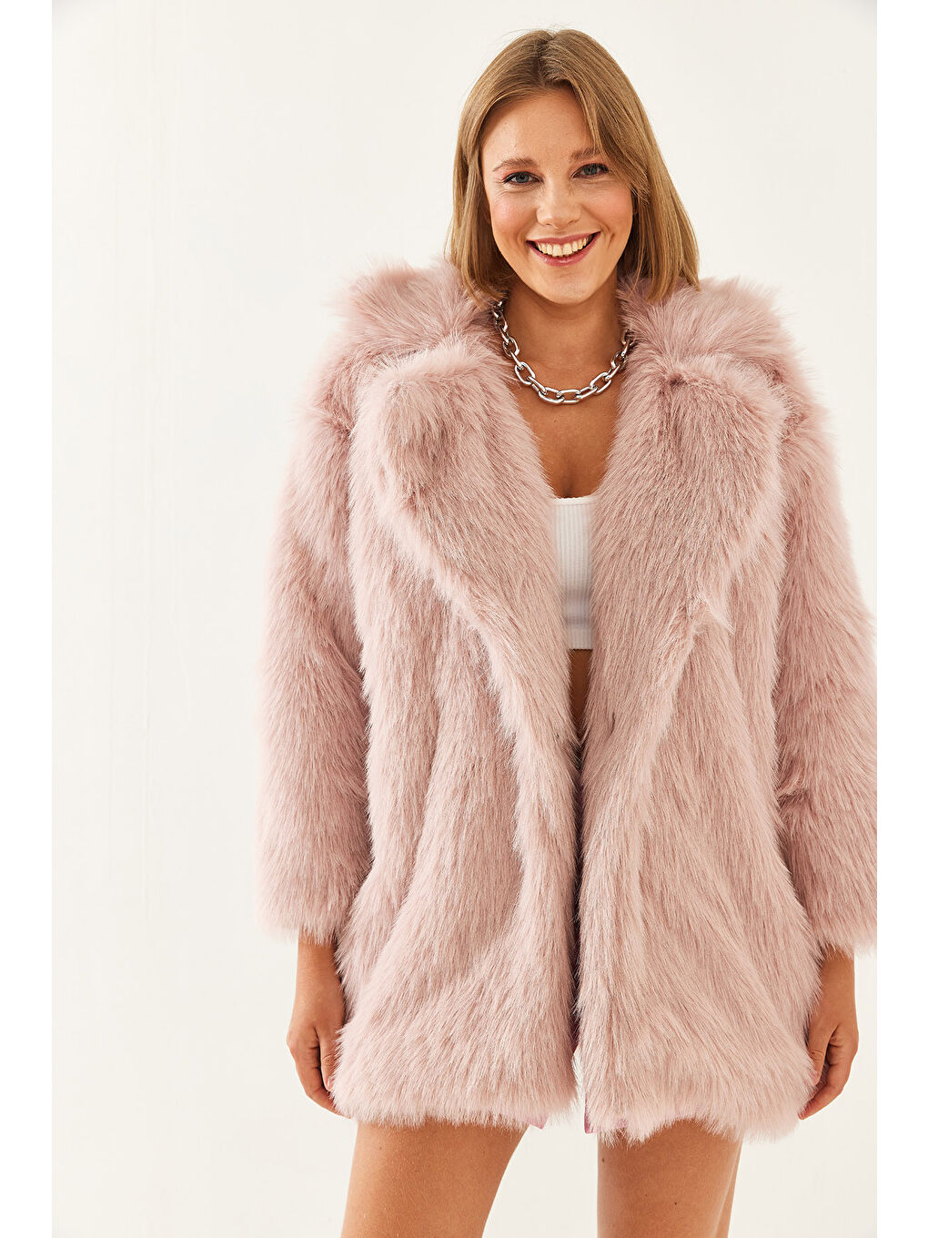 Pembe Kadın Premium Suni Uzun Kürk Ceket-3