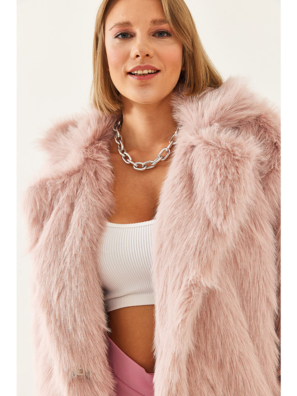 Pembe Kadın Premium Suni Uzun Kürk Ceket-4
