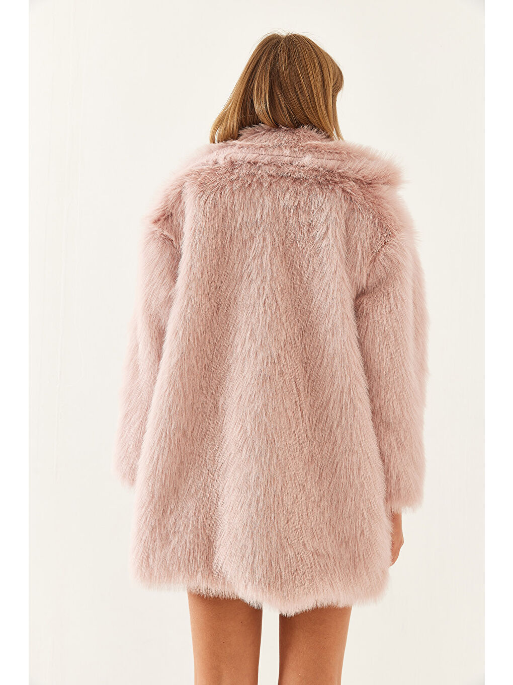 Pembe Kadın Premium Suni Uzun Kürk Ceket-5