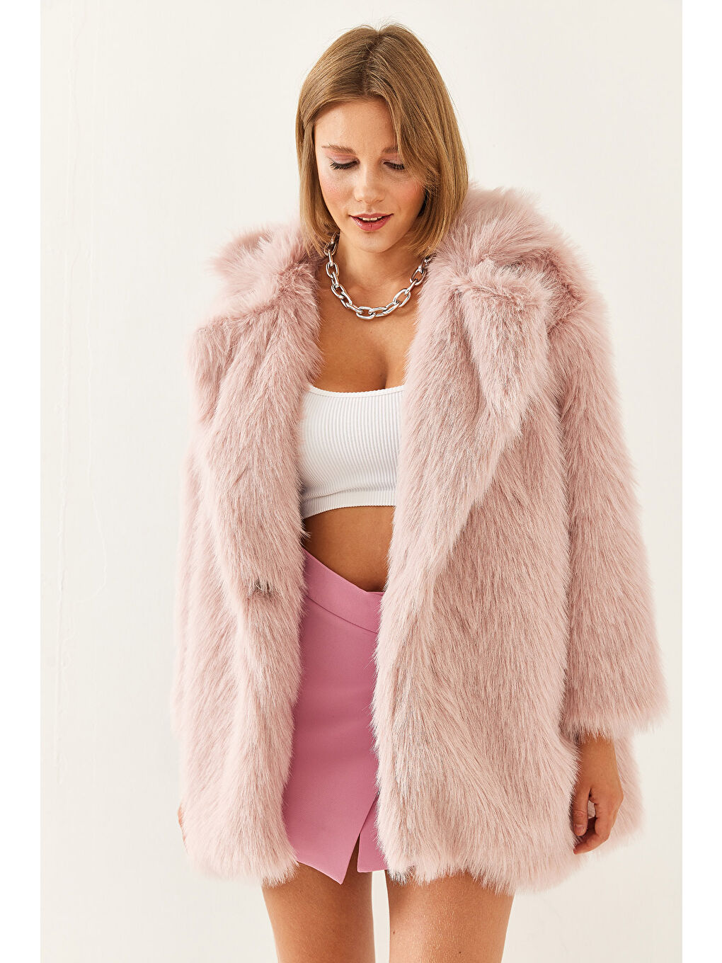 Pembe Kadın Premium Suni Uzun Kürk Ceket-6