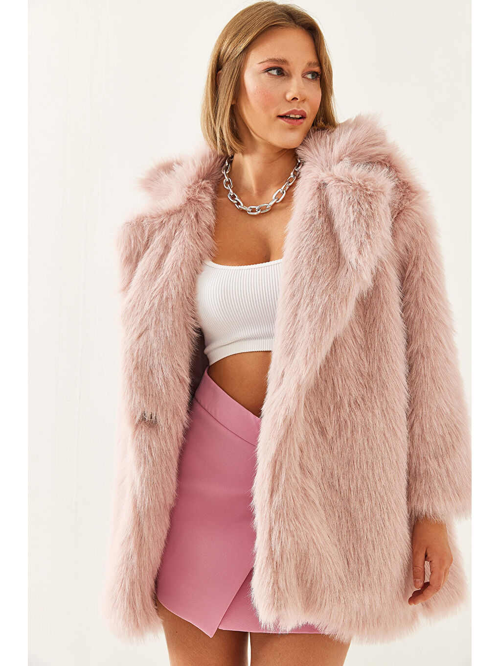 Pembe Kadın Premium Suni Uzun Kürk Ceket-7