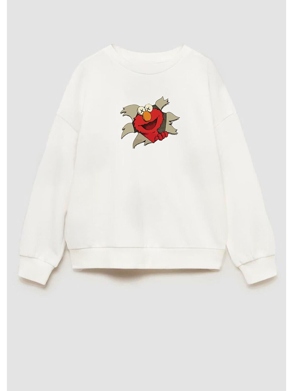 Ekru Erkek Çocuk Kurabiye Canavarı Baskılı 3 İplik Pamuklu Sweatshirt