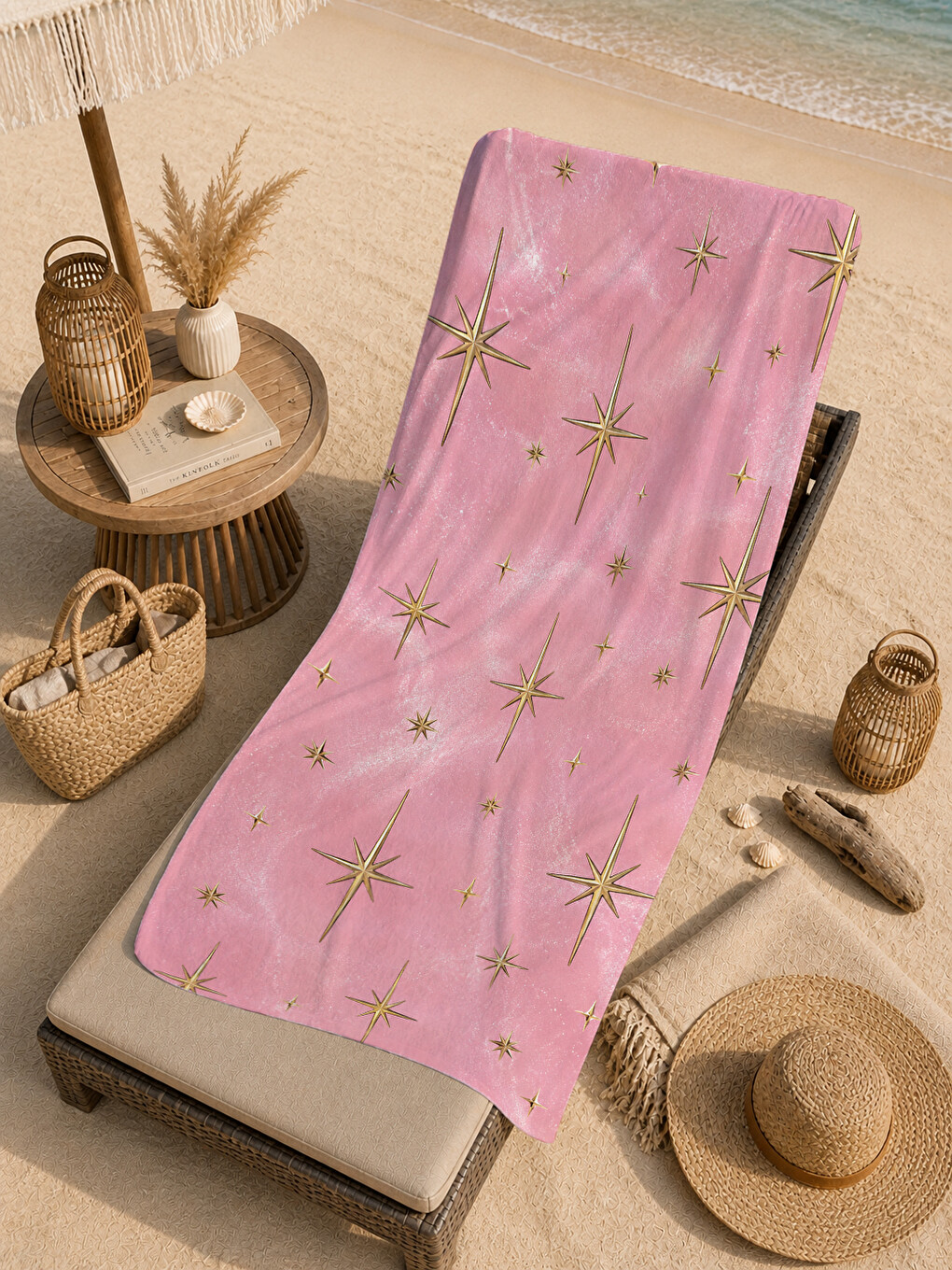 Bohem Pastel Pembe Altın Yıldızlı Gökyüzü Desenli 70x150 Plaj Havlusu - Pamuklu Banyo Havlusu-3