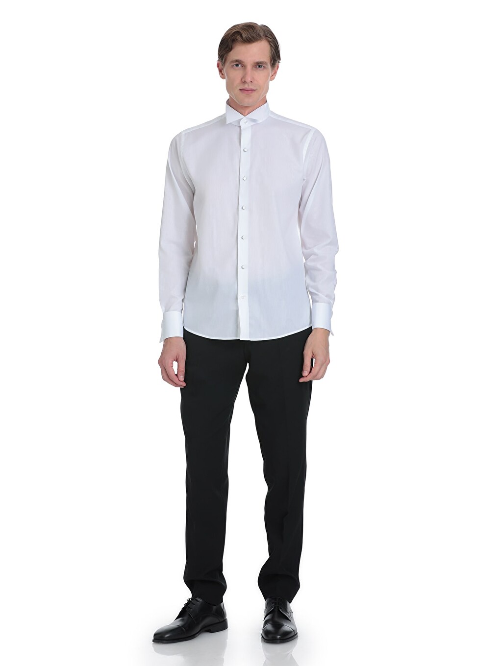 Beyaz Comfort Fit Ata Yaka 100% Pamuk Uzun Kollu Damatlık Gömlek-1