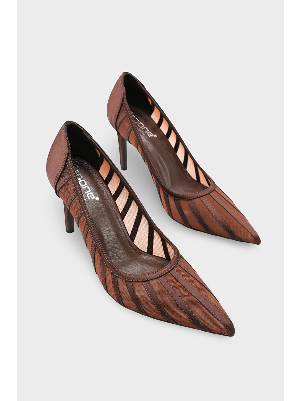 Kahverengi Micheline Hakiki Deri Astarlı Sivri Burunlu Orta Topuklu File Saten Kadın Ayakkabı-1