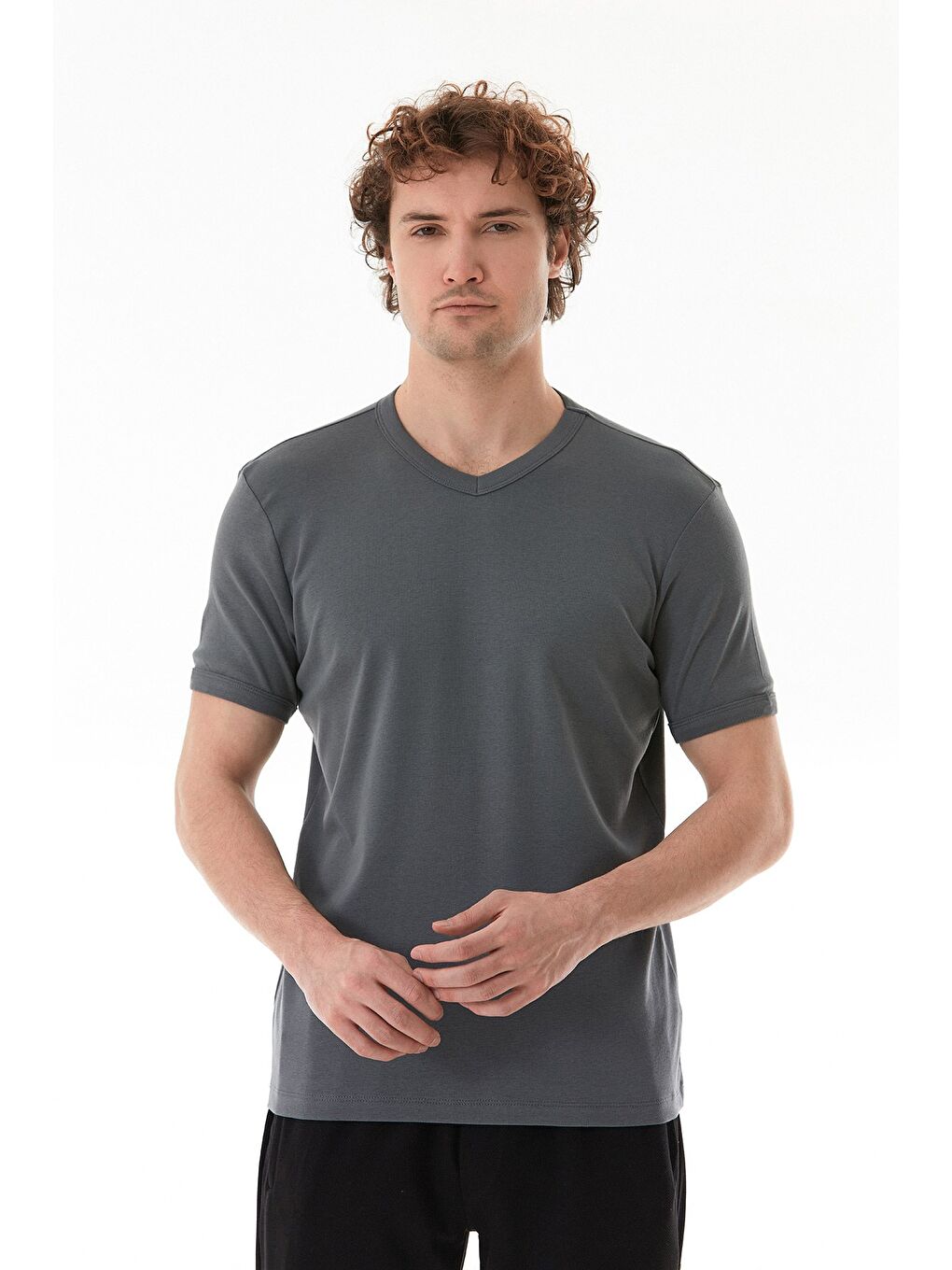 Gri Basic V Yaka Ribanalı Tişört