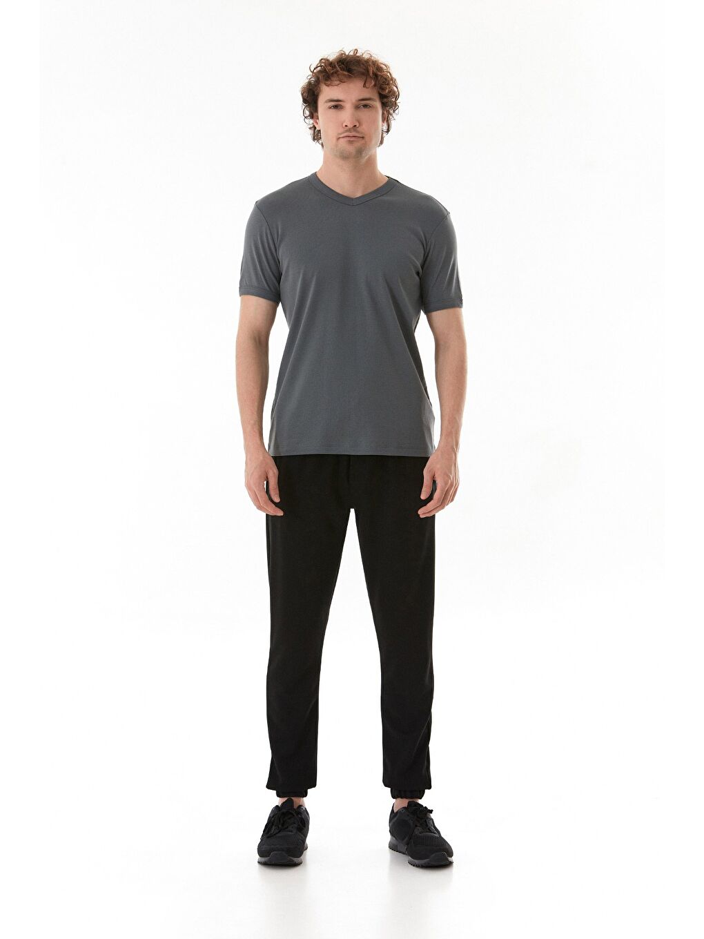 Gri Basic V Yaka Ribanalı Tişört-1