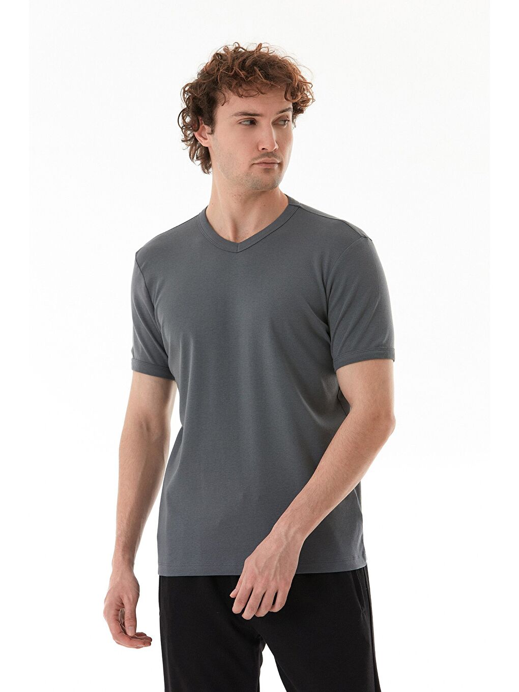 Gri Basic V Yaka Ribanalı Tişört-2
