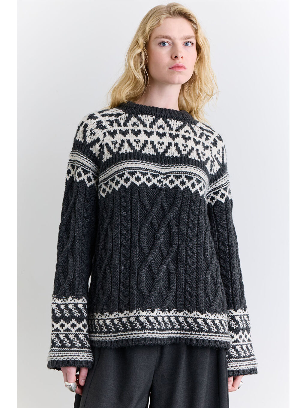 Nordıc Desenli Kazak Gri-3