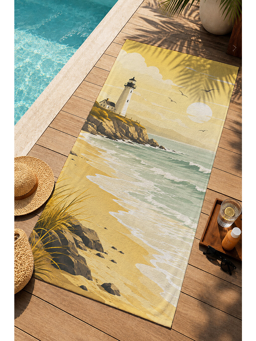 Vintage Sarı Deniz Feneri Sahil Desenli 70x150 Plaj Havlusu - Dijital Baskılı Solmaz Banyo Havlusu-1