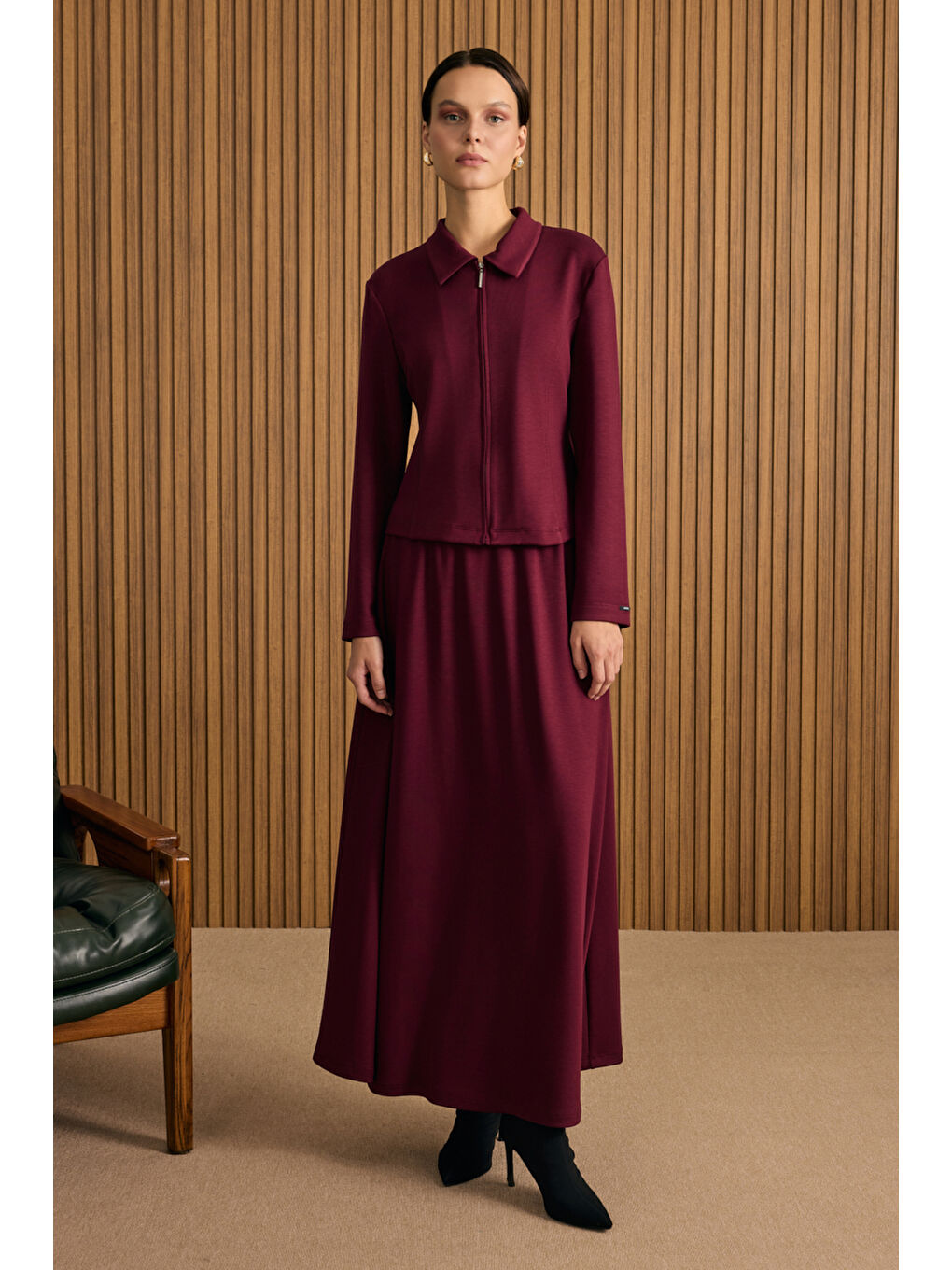 Bordo Önden Fermuarlı Kısa Örme Ceket