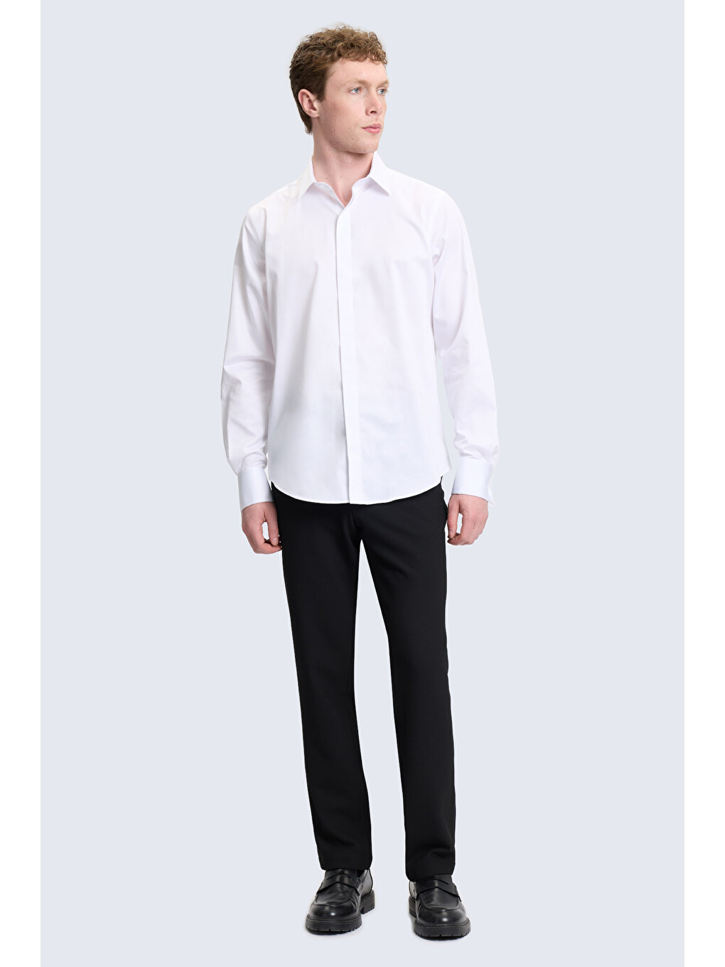 Beyaz Comfort Fit Slim Yaka 100% Pamuk Uzun Kollu Damatlık Gömlek-1