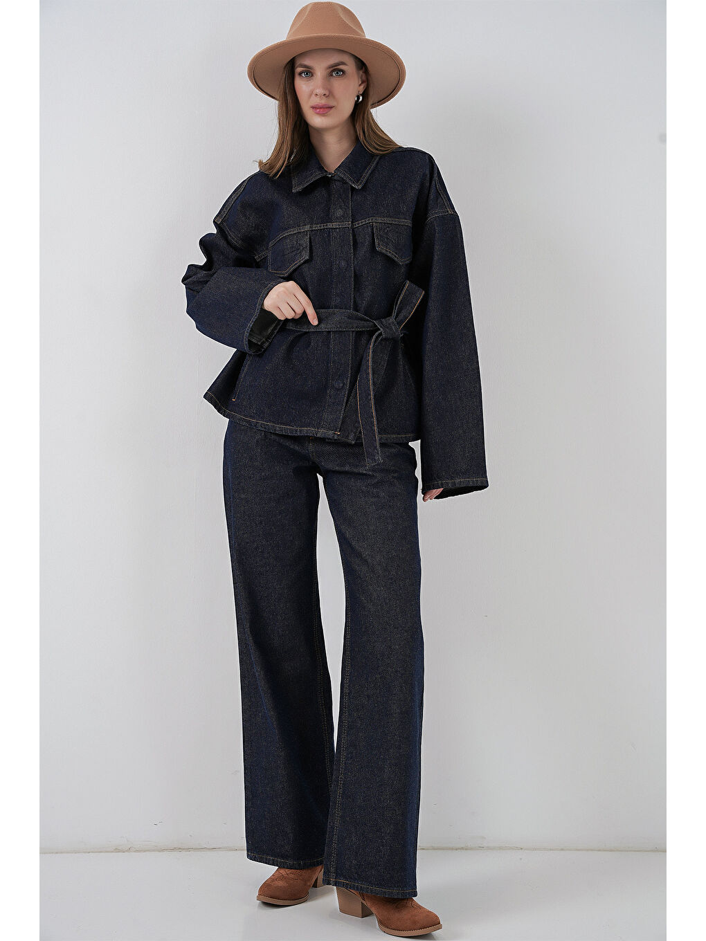 Kadın Ceket Pantolon Jean İkili Takım 30059 - Koyu Mavi-2