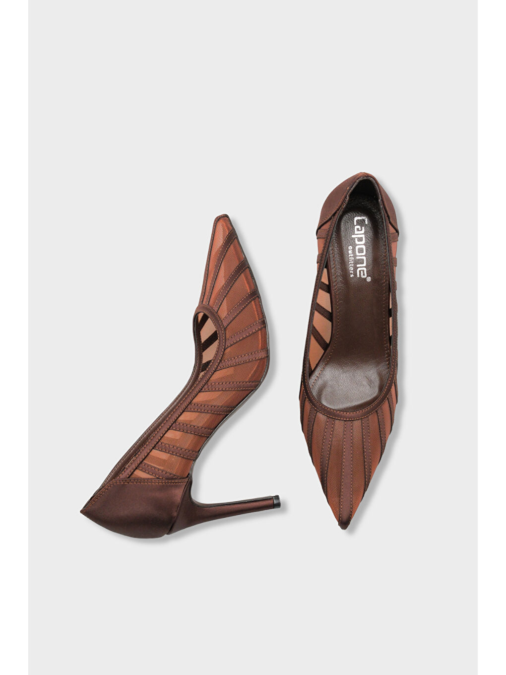 Kahverengi Micheline Hakiki Deri Astarlı Sivri Burunlu Orta Topuklu File Saten Kadın Ayakkabı-4