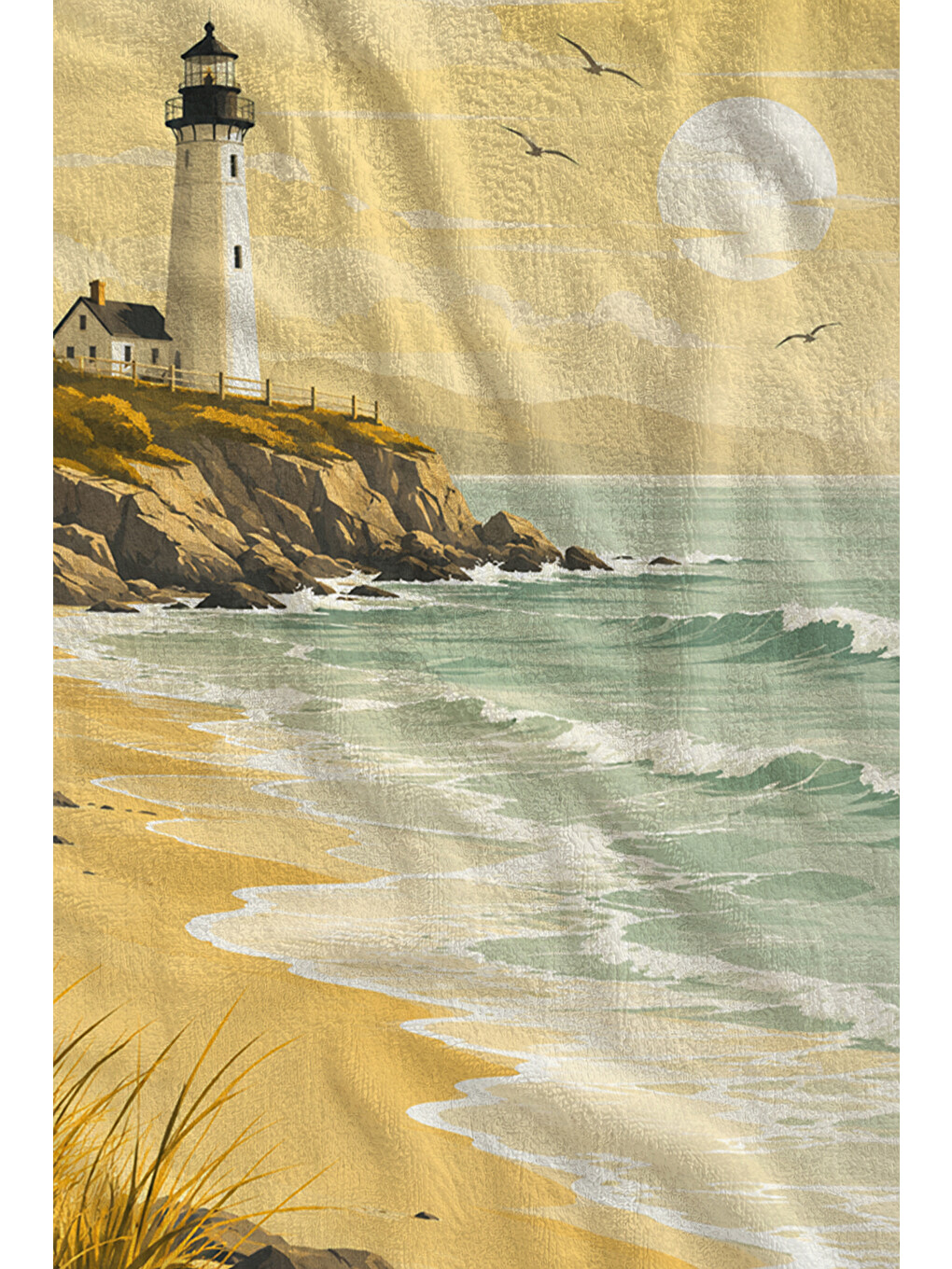 Vintage Sarı Deniz Feneri Sahil Desenli 70x150 Plaj Havlusu - Dijital Baskılı Solmaz Banyo Havlusu-2