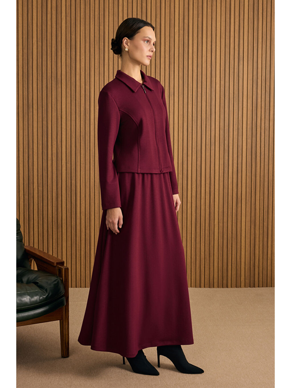 Bordo Önden Fermuarlı Kısa Örme Ceket-3