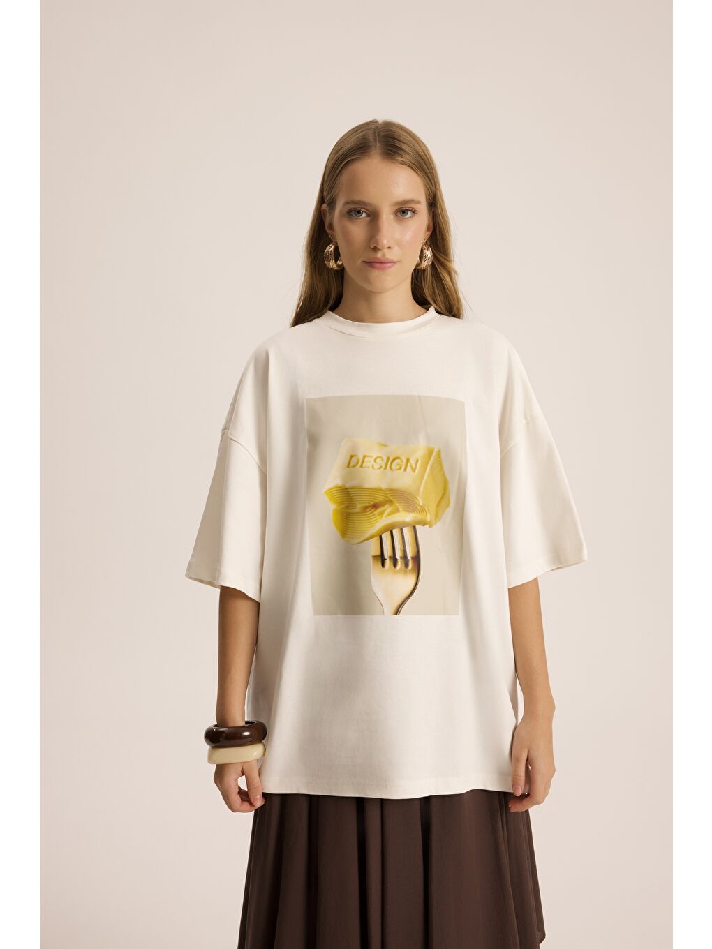 Fork Design Beyaz Oversize T-Shirt-1