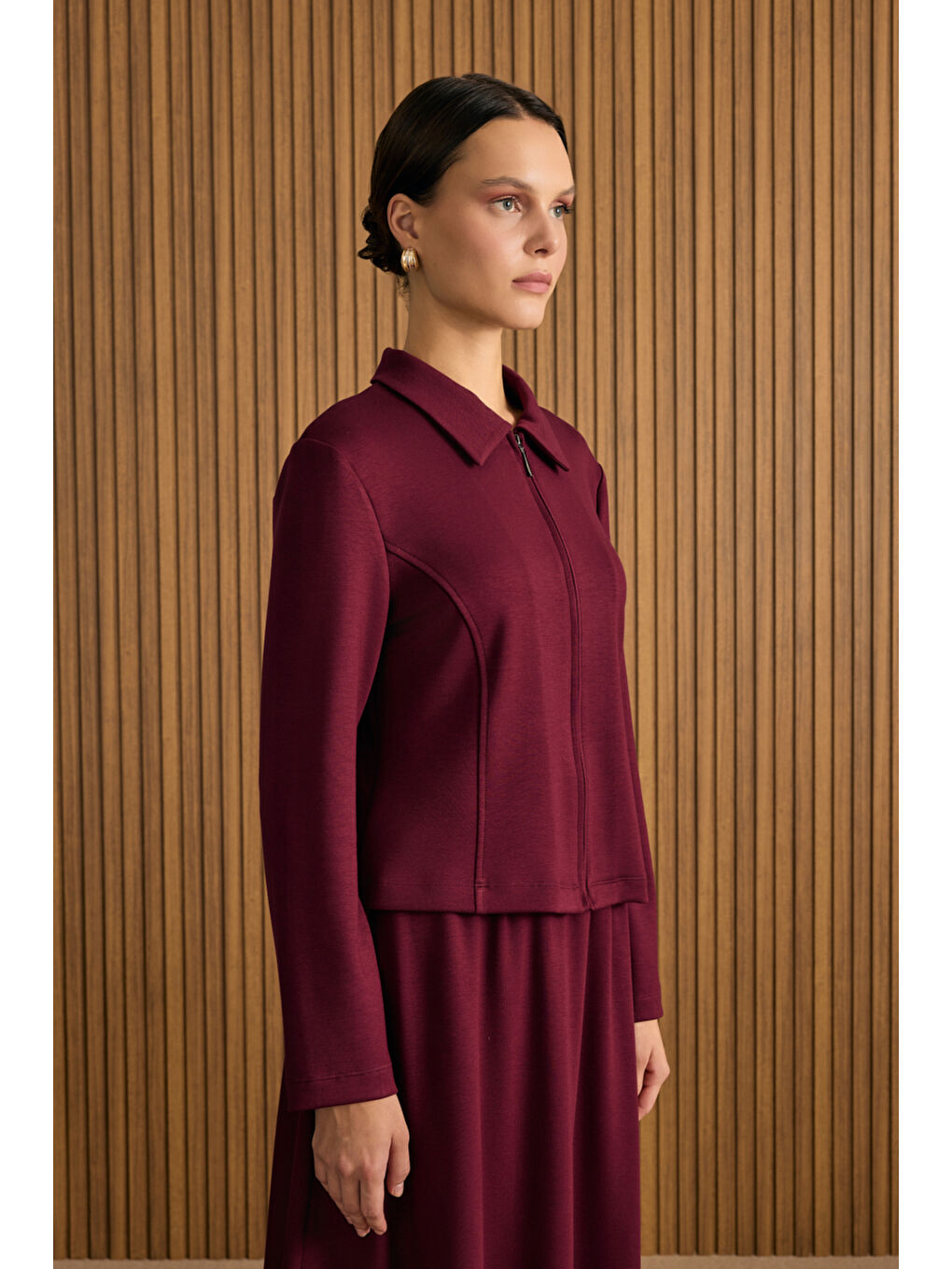 Bordo Önden Fermuarlı Kısa Örme Ceket-4