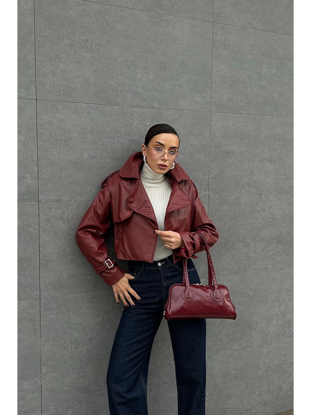 Kadın Bordo Crop Deri Ceket 0990-5055-9