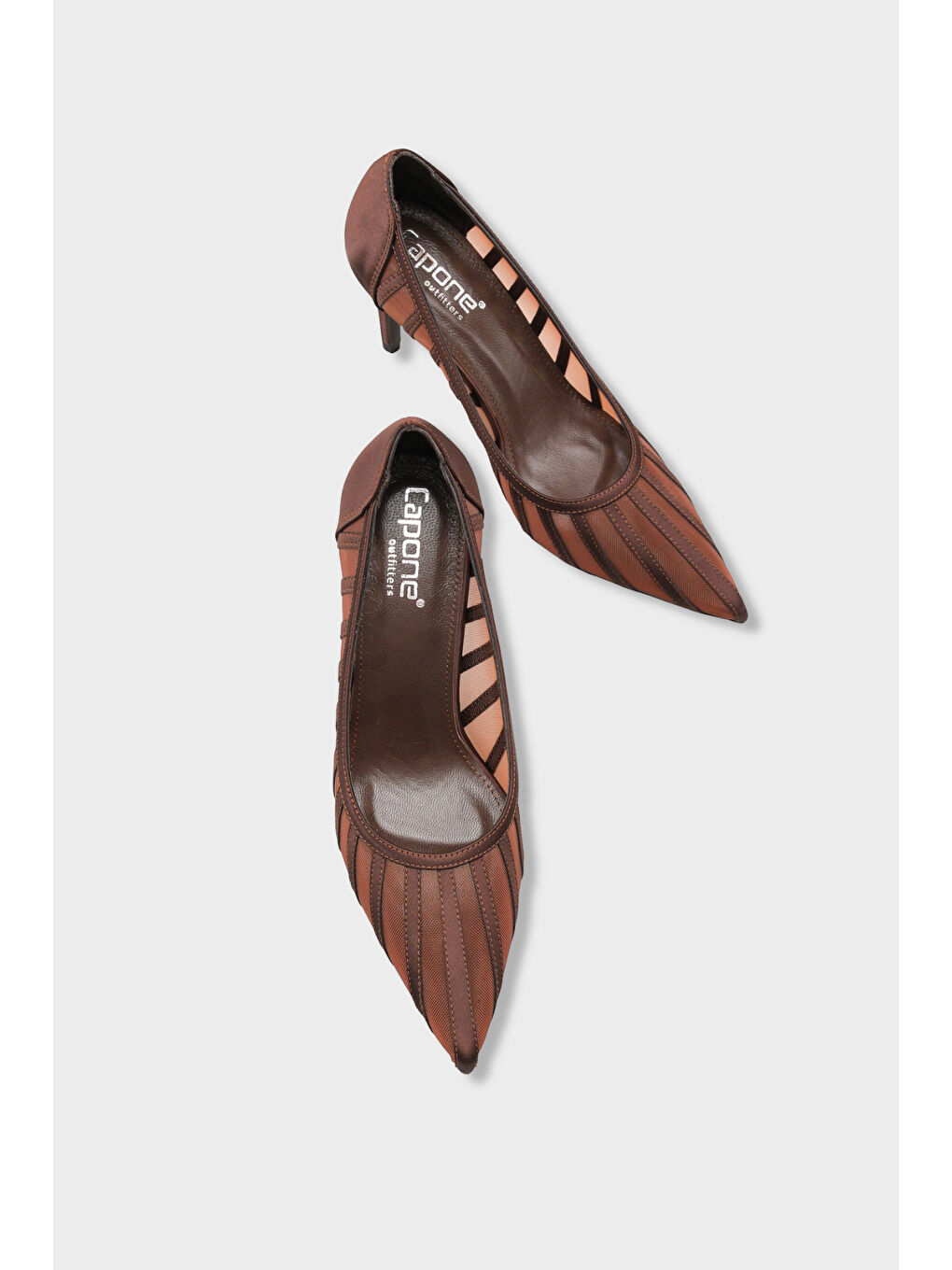 Kahverengi Micheline Hakiki Deri Astarlı Sivri Burunlu Orta Topuklu File Saten Kadın Ayakkabı-6