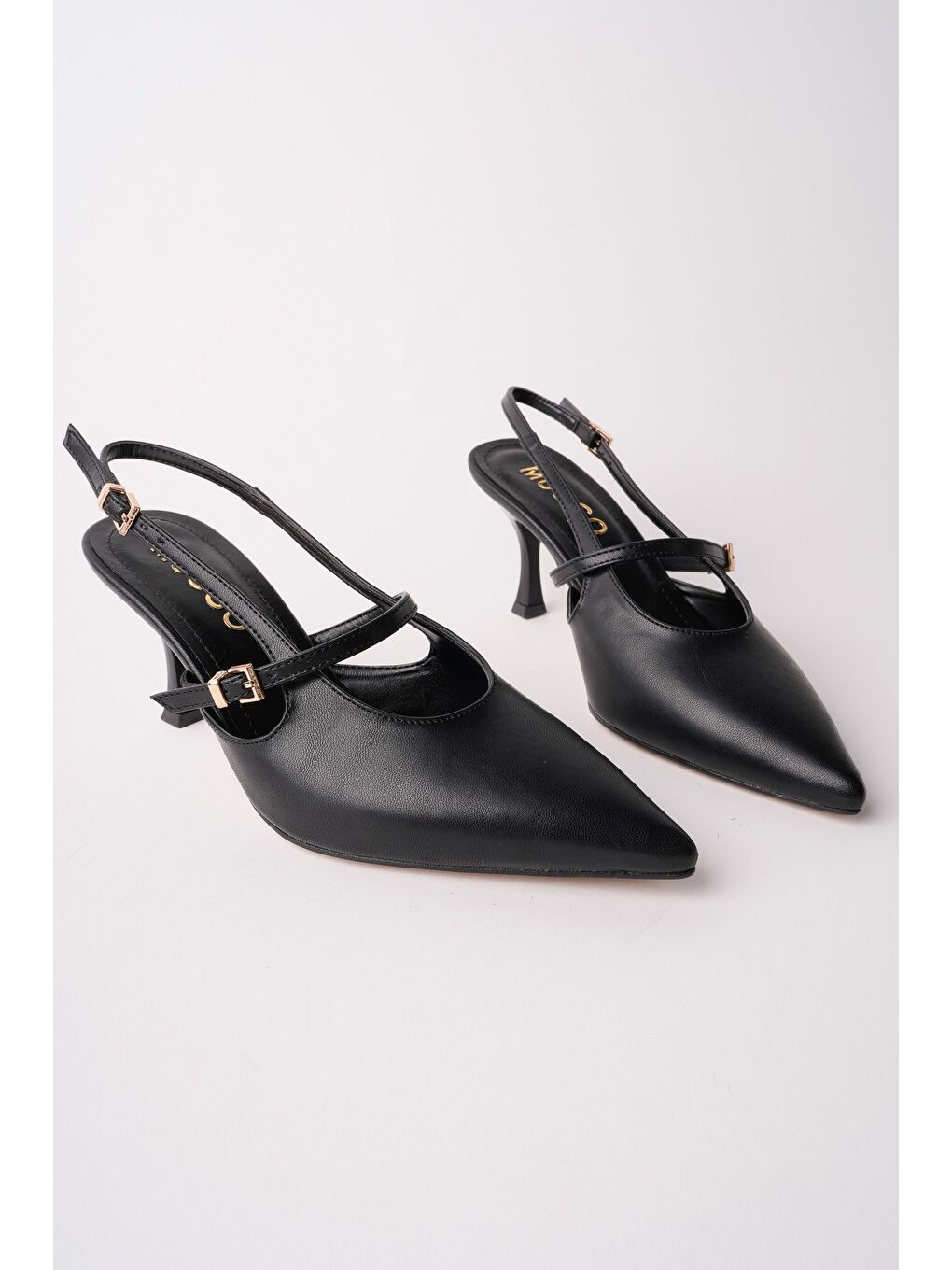 Siyah ANJELA Kemer Detaylı Sivri Burun Arkası Açık Kadın Topuklu Ayakkabı-1