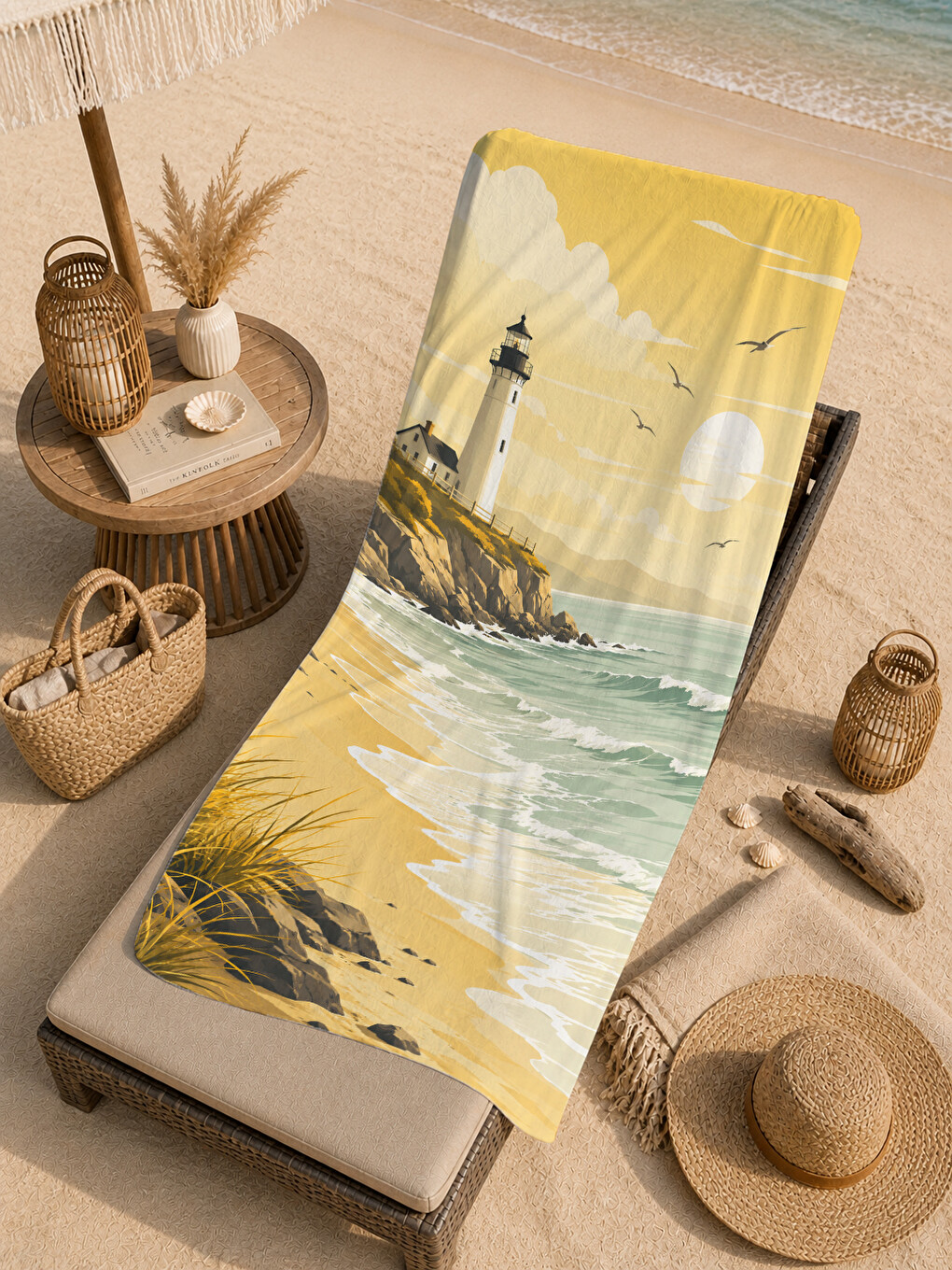 Vintage Sarı Deniz Feneri Sahil Desenli 70x150 Plaj Havlusu - Dijital Baskılı Solmaz Banyo Havlusu-3