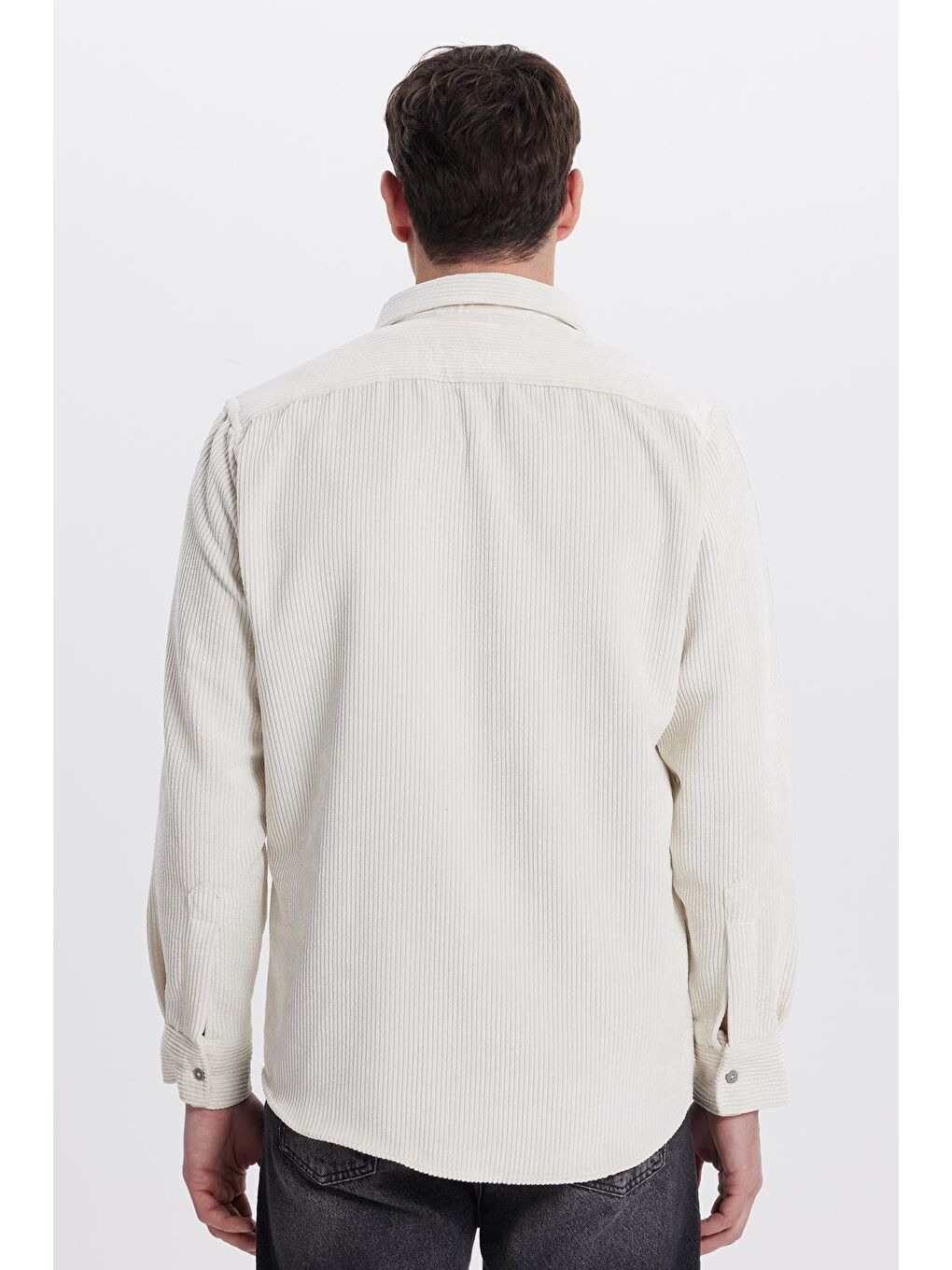 Ekru Erkek Regular Fit Rahat Kesim Fitilli Kadife Görünüm Düğmeli Yaka Krem Rengi Ceket Gömlek-6