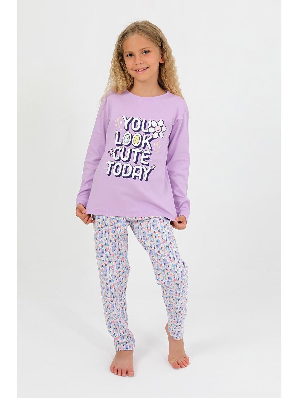 Lila Kız Çocuk Uzun Kollu %100 Pamuk Pijama Takımı Look Cute