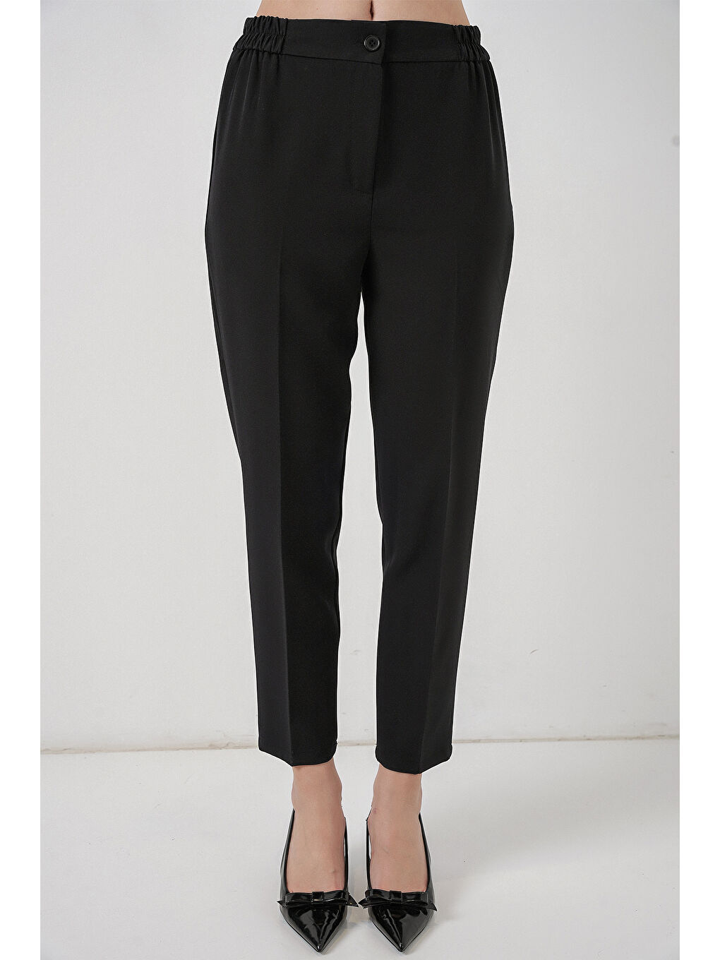 Kadın Beli Lastikli Kumaş Pantolon 30058 - Siyah-1