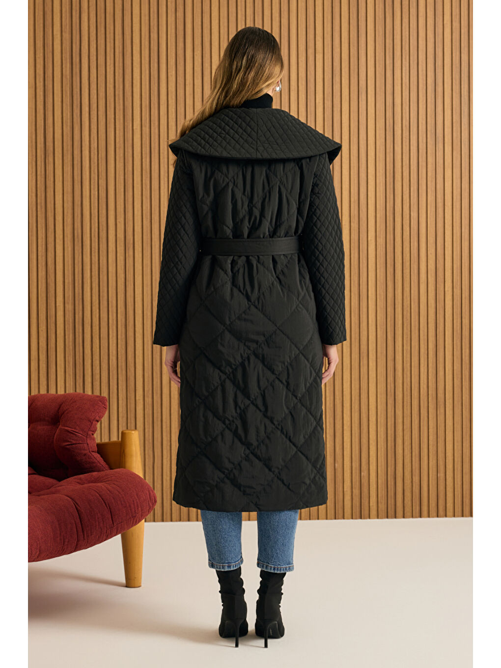 Siyah Şal Yaka Kapitone Mont-5