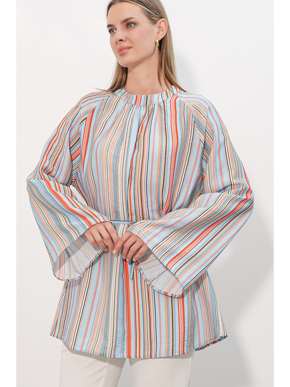 Kadın Çizgili Bağcıklı Oversize Tunik 50009 - Mavi